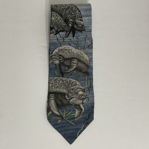 Vintage 1995 Endangered Species Manatee Moon Silk Tie Marc Dennis Wildlife Novel